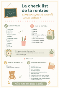 Checklist à imprimer pour la rentrée scolaire, avec fournitures et conseils.