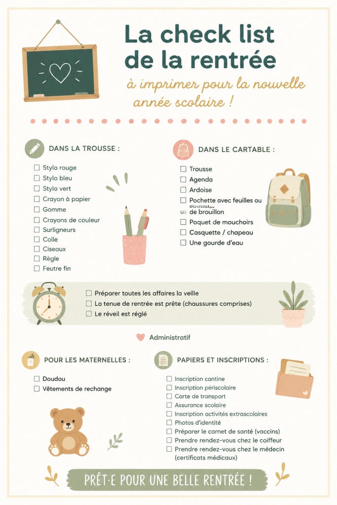 Checklist à imprimer pour la rentrée scolaire, avec fournitures et conseils.