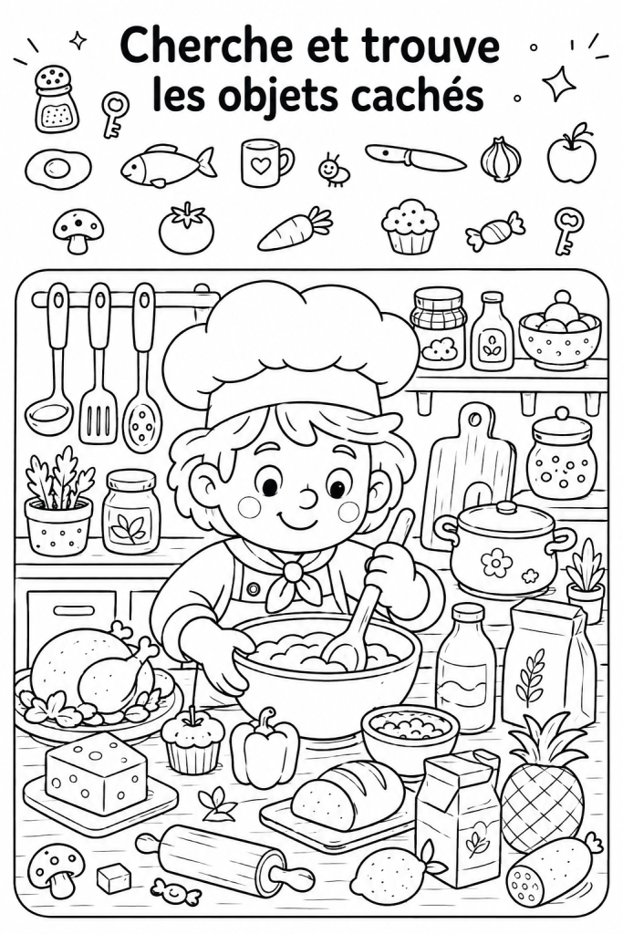 Un enfant joyeux cherchant des objets cachés à la maison, ambiance de jeu familial.