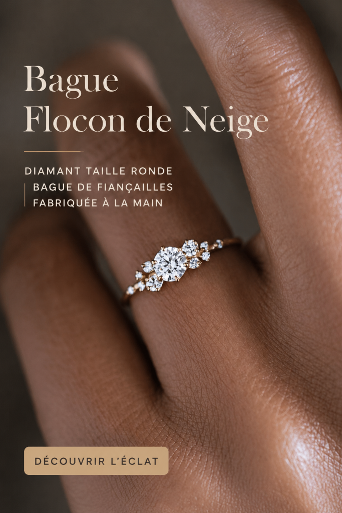 Bague d’engagement artisanale avec un diamant rond, élégante et unique.