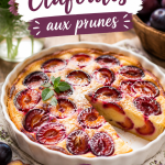 Un clafoutis aux prunes doré et appétissant sorti du four, garnie de prunes juteuses.
