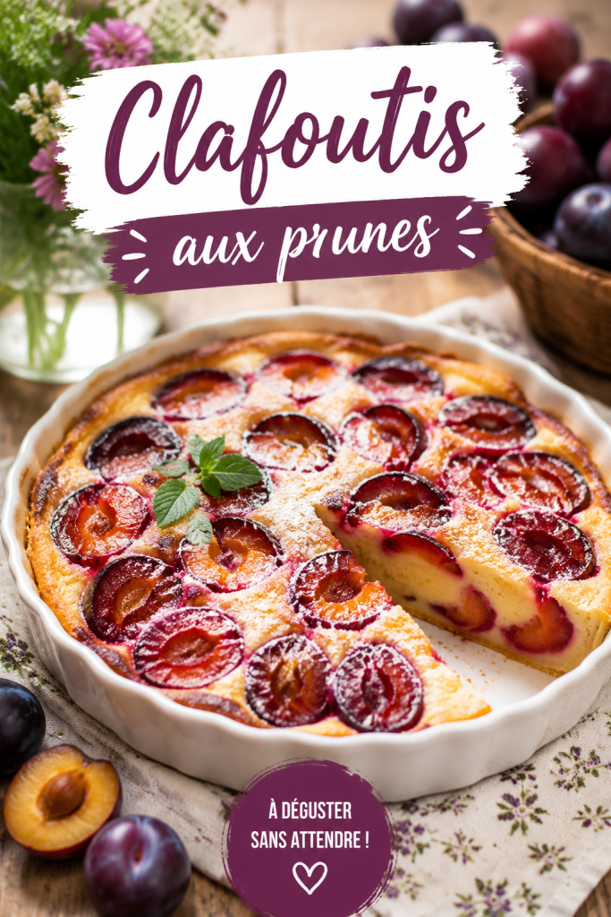 Un clafoutis aux prunes doré et appétissant sorti du four, garnie de prunes juteuses.