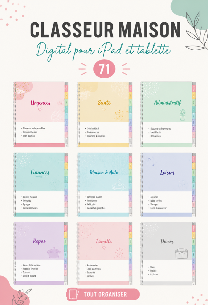 Classeur digital affiché sur un iPad avec des documents organisés