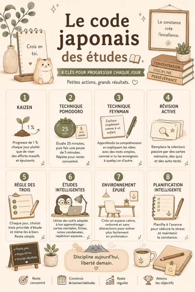Étudiant utilisant des méthodes d'étude japonaises, entouré de livres et de fournitures scolaires.