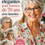 Une femme de 70 ans avec une coiffure élégante portant des lunettes modernes.