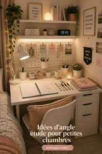 Aménagement d'un coin étude dans une petite chambre avec bureau et étagères murales.