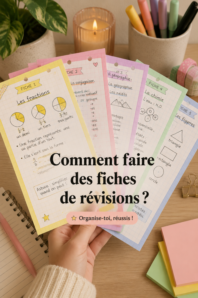 Une personne qui crée des fiches de révisions sur une table avec des livres et des stylos.