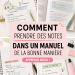 Un élève prenant des notes à partir d'un manuel scolaire avec un stylo et un cahier.