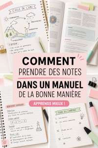 Un élève prenant des notes à partir d'un manuel scolaire avec un stylo et un cahier.