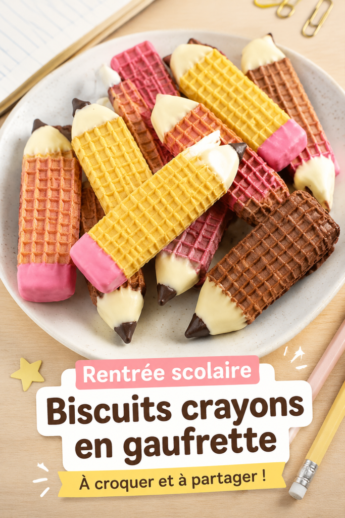 Cookies en forme de crayons colorés sur une assiette, parfaits pour la rentrée scolaire.