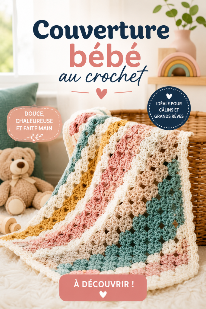 Couverture crochetée en couleurs douces pour bébé, montrant la texture délicate du point.
