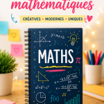 Couverture de maths colorée avec des formules et graphiques