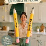 Un assortiment de crayons colorés en nouilles de piscine sur une table d'art.
