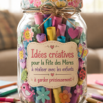Bricolages colorés de fête des mères réalisés par des enfants avec des matériaux simples.