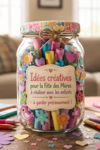 Bricolages colorés de fête des mères réalisés par des enfants avec des matériaux simples.