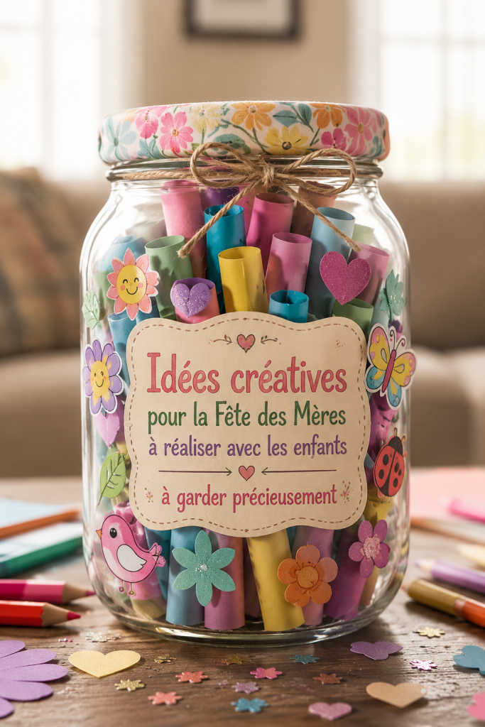 Bricolages colorés de fête des mères réalisés par des enfants avec des matériaux simples.