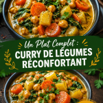 Curry de légumes réconfortant servi dans un bol en bois, décoré d'herbes fraîches.