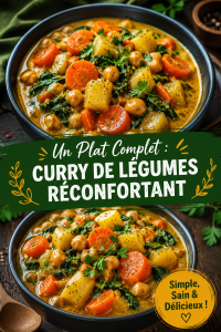 Curry de légumes réconfortant servi dans un bol en bois, décoré d'herbes fraîches.