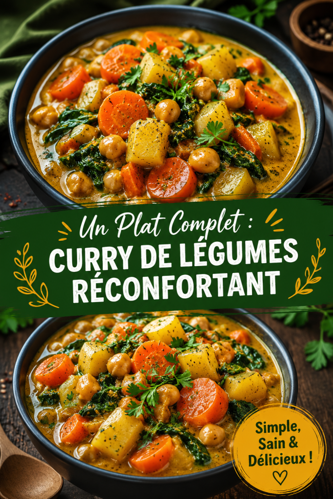 Curry de légumes réconfortant servi dans un bol en bois, décoré d'herbes fraîches.