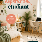 Un salon d'appartement étudiant joliment décoré avec des couleurs vives et des accessoires modernes.