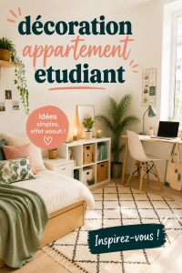 Un salon d'appartement étudiant joliment décoré avec des couleurs vives et des accessoires modernes.