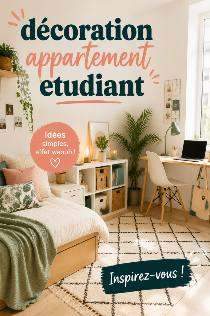 Un salon d'appartement étudiant joliment décoré avec des couleurs vives et des accessoires modernes.