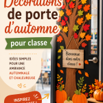 Porte d'une classe décorée avec des feuilles d'automne et des citrouilles.