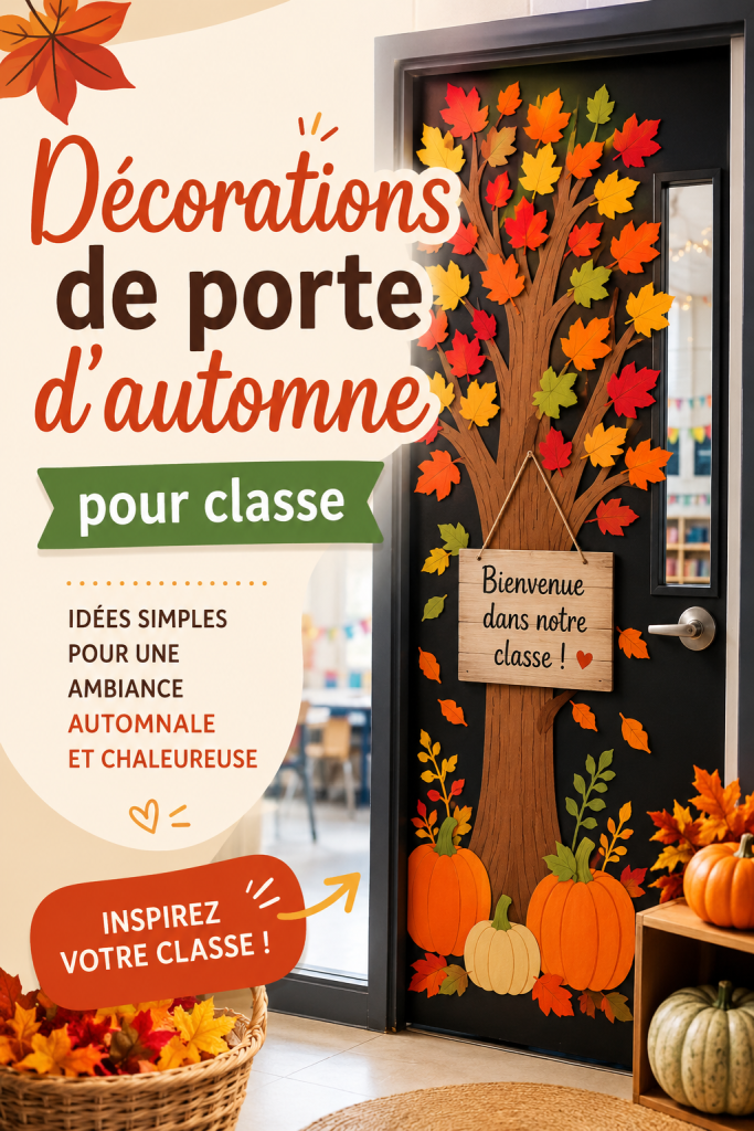 Porte d'une classe décorée avec des feuilles d'automne et des citrouilles.