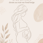 Dessin linéaire d'une femme enceinte sur un fond beige, symbole de maternité