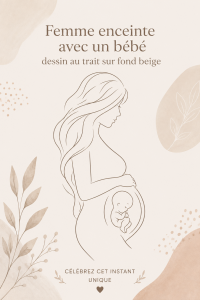 Dessin linéaire d'une femme enceinte sur un fond beige, symbole de maternité