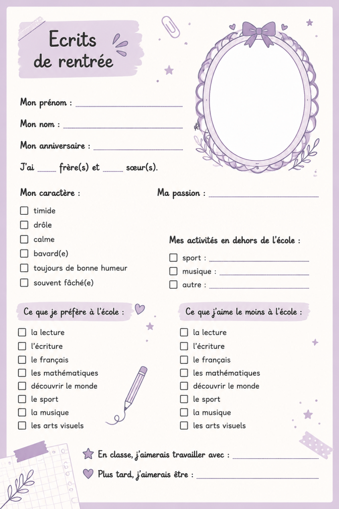 Préparation des écrits de rentrée avec des fournitures scolaires et un carnet.