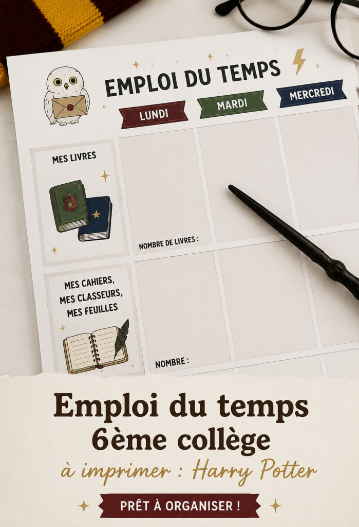 Modèle d'emploi du temps inspiré d'Harry Potter pour collégiens