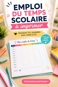 Modèle d'emploi du temps scolaire imprimé sur un bureau avec des fournitures scolaires.