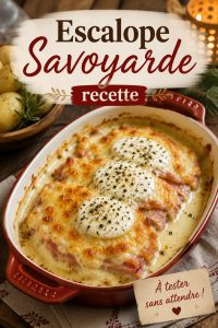 Escalope savoyarde dorée garnie de fromage fondant, prête à être servie avec des accompagnements de saison.