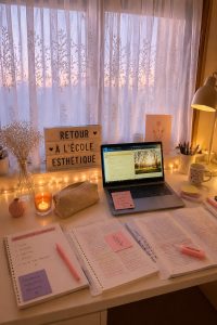 Une étudiante devant un bureau décoré esthétiquement pour la rentrée.