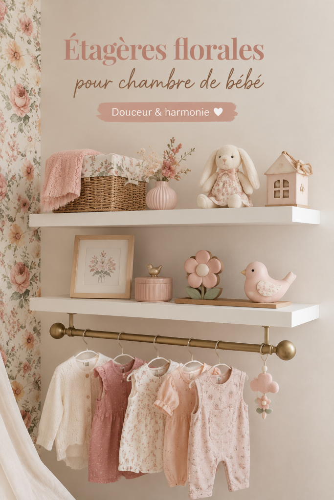 Étagères florales roses décorant une chambre de bébé douce et accueillante