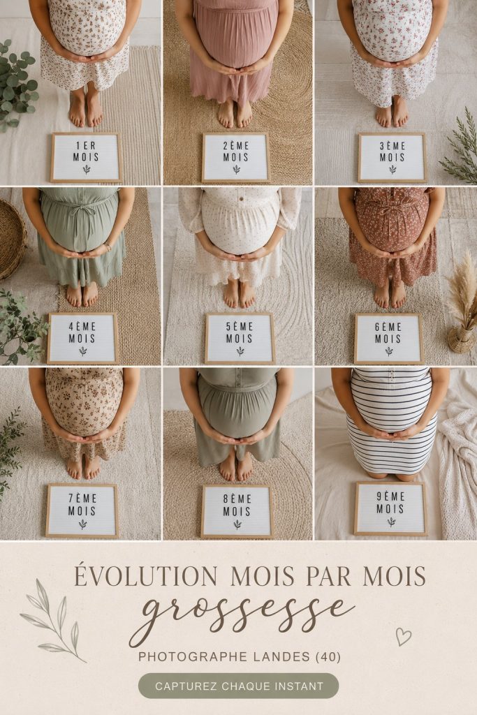 Illustration d'une femme enceinte montrant l'évolution de sa grossesse mois par mois.
