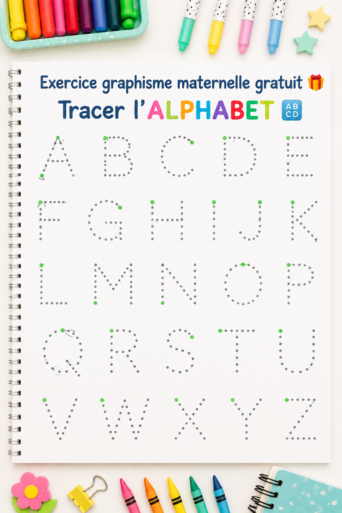 Exercice pour apprendre à tracer l'alphabet en maternelle avec des pointillés.