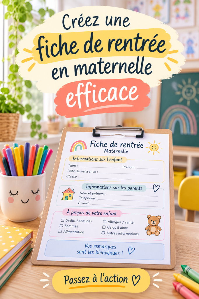 Exemple d'une fiche de rentrée pour enfant en maternelle, colorée et organisée.