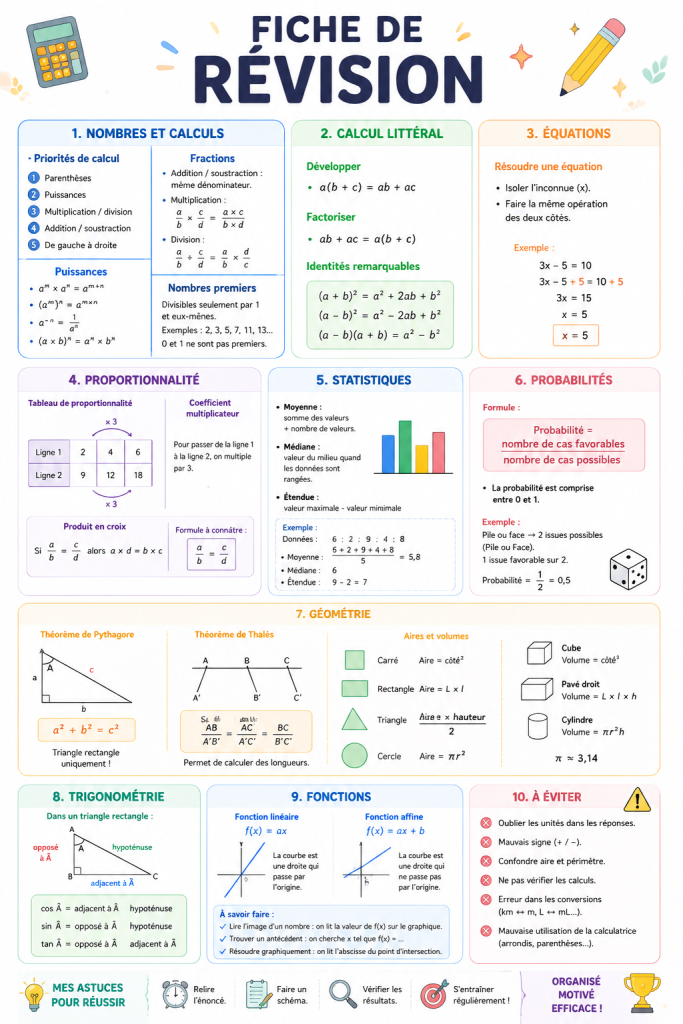 Fiche de révision pour le brevet de maths, présentant des concepts clés et des formules importantes.