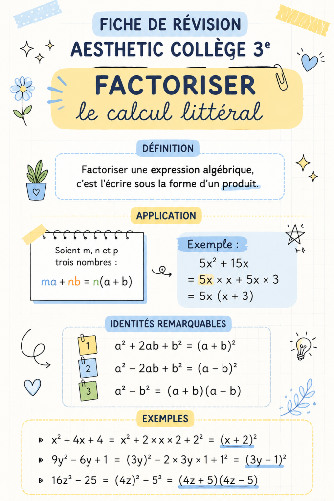 Fiche de révision sur la factorisation en maths pour collégiens
