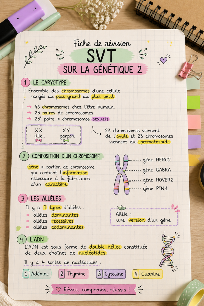 Fiche de révision SVT sur la génétique présentée sur un bureau
