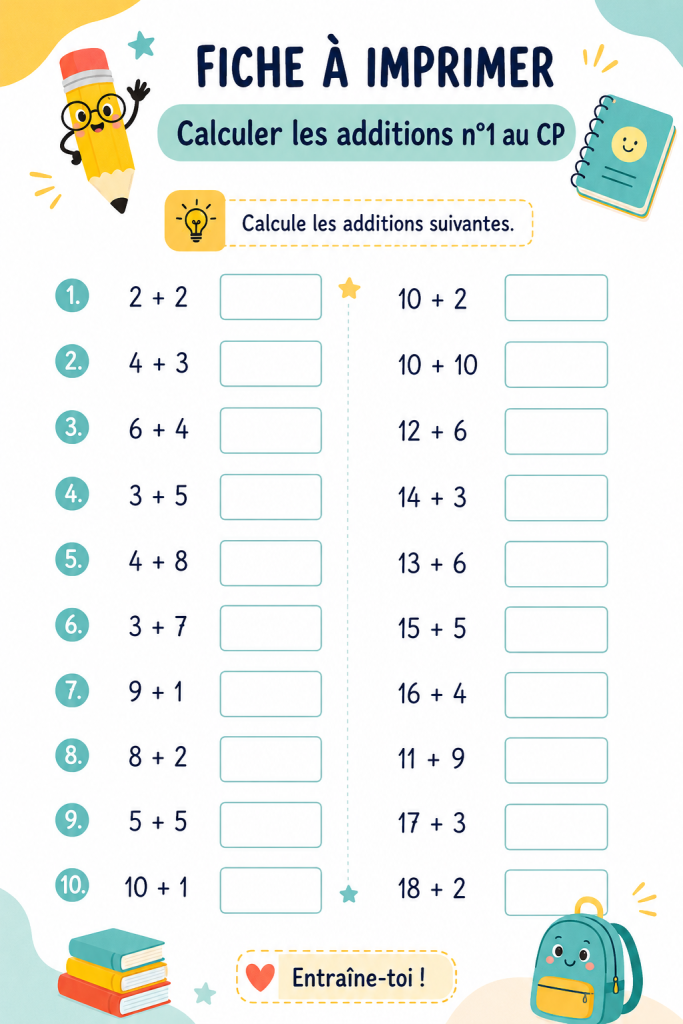 Fiches d'exercice sur les additions pour le CP, avec des illustrations stimulantes.