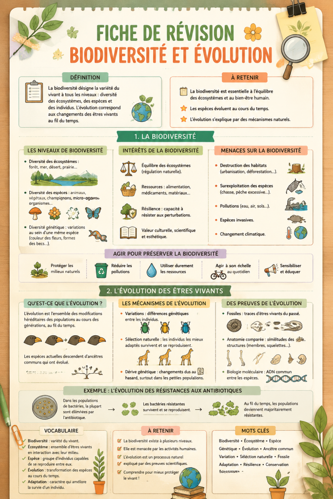 Fiches de révision sur la biodiversité et l'évolution sur un bureau d'études.