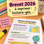 Fiches de révision à imprimer pour le Brevet 2026 avec des notes d'histoire et de géographie.