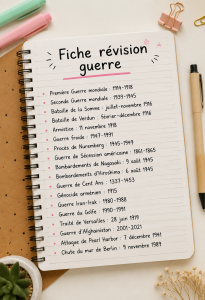 Fiche de révision sur des thèmes de guerre, illustrée avec des notes et des schémas