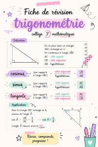 Fiche de révision de trigonométrie pour collégiens, avec des schémas et formules.