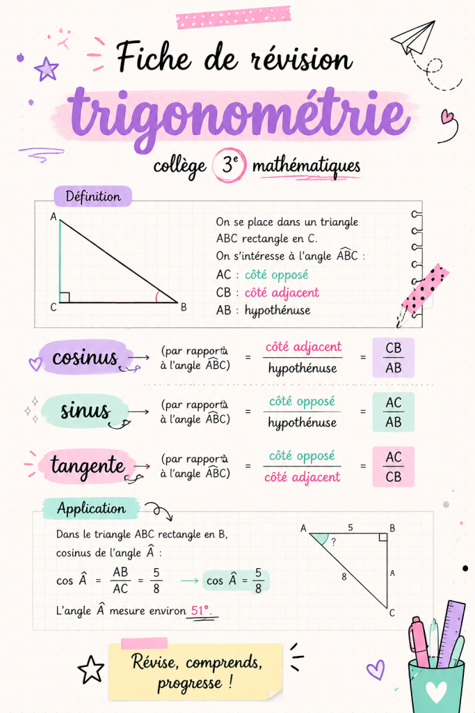 Fiche de révision de trigonométrie pour collégiens, avec des schémas et formules.