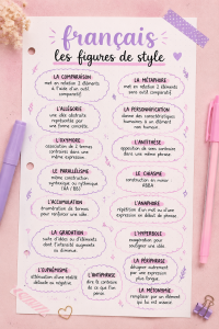 Illustration d'exemples de figures de style en français avec un livre ouvert et des notes.