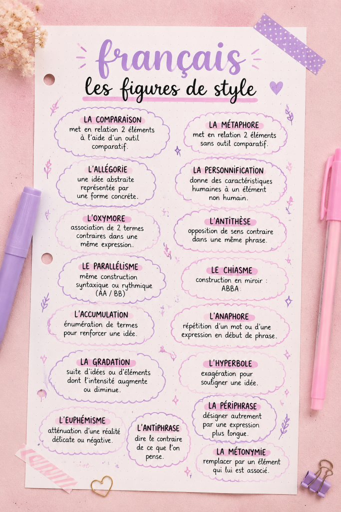 Illustration d'exemples de figures de style en français avec un livre ouvert et des notes.